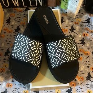 Michael Kors Geometric Black and White Slide Sandals